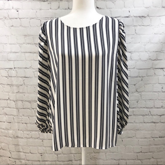 LOFT Tops - Loft Striped Blouse Balloon Sleeves White Navy